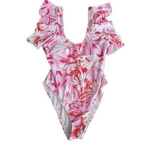 One Piece swimming suit Sz S Hot Pink white‎  floral Ruffle Sleeves Chic BEACHY
